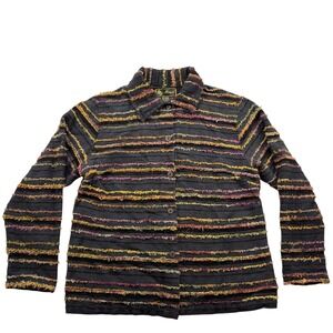 Mirasol Black Textured Fringe Stripe Button Front Jacket Small Boho Artsy Cotton